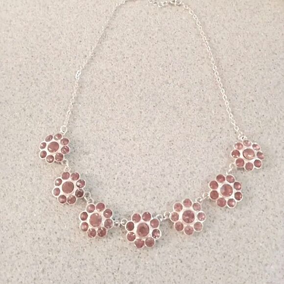 Vintage Avon Silver tone Pink Crystal Flower Disc Choker Necklace 17" W/3... - Picture 1 of 4
